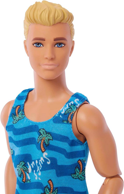 Barbie Boneca Ken com prancha de surfe e cachorrinho de estimação, Barbie loira articulável Ken Boneca de praia com acessórios temáticos como toalha, HPT50