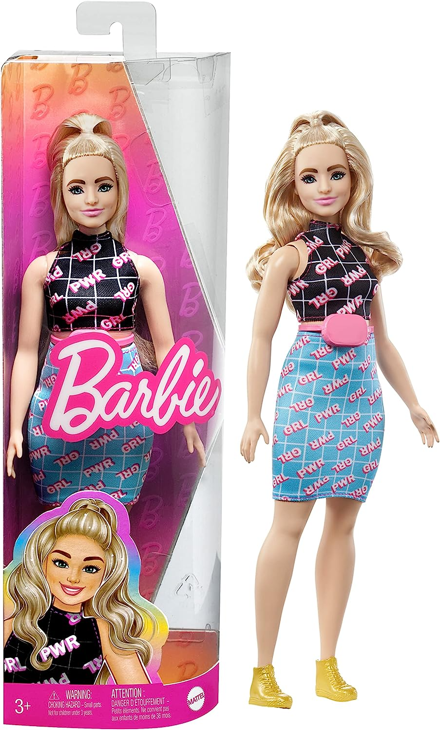 Barbie Boneca, Brinquedos infantis, Loira com tipo de corpo curvilíneo, Barbie Fashionistas, Roupa feminina com estampa de poder, Roupas e acessórios, HPF78