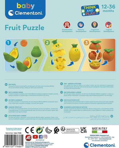 Clementoni 17686 Cesta de frutas Fruit Puzzle-Early, Infant, Activity Toys for 1 Year Olds, Made in Italy, Multicolor, Medio