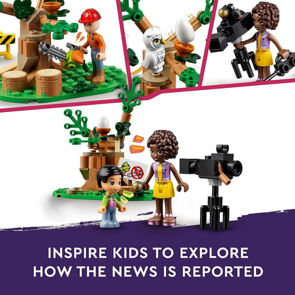 LEGO  41749 Friends Newsroom Van, Animal Rescue Playset, Finja filmar e reportar notícias com caminhão de brinquedo, figura de coruja e miniboneca Aliya, presente para meninas, meninos e crianças de 6 anos ou mais