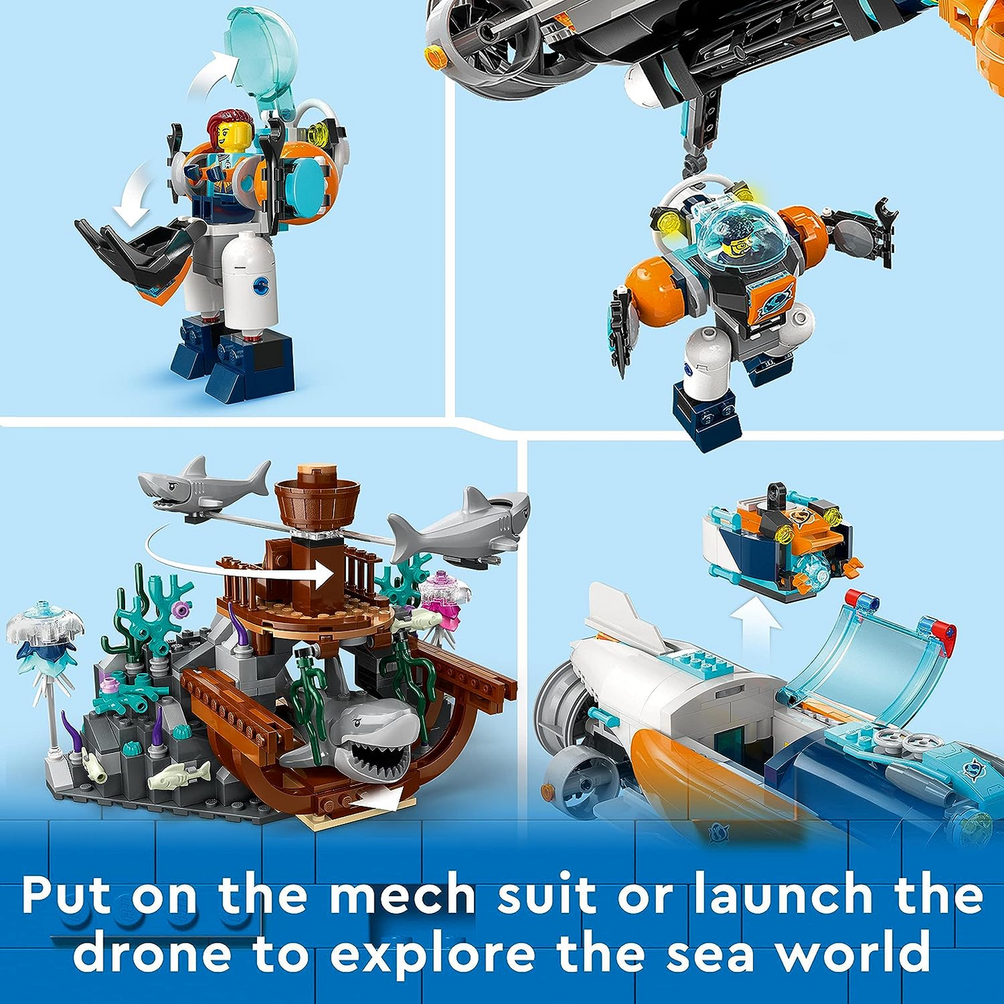 LEGO  60379 Brinquedo Submarino City Deep-Sea Explorer, Conjunto Oceano Subaquático com Drone, Figuras de Tubarão, Naufrágio e Minifiguras de Mergulhador, Presente de Aniversário para Crianças, Meninos e Meninas com mais de 7 anos