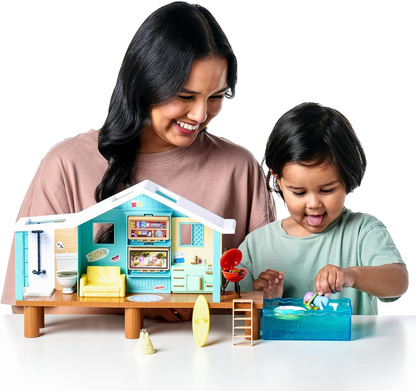 Bluey Playset de cabana de praia, com figura exclusiva de Bluey com óculos de proteção. Inclui 10 peças de jogo e folha de adesivos