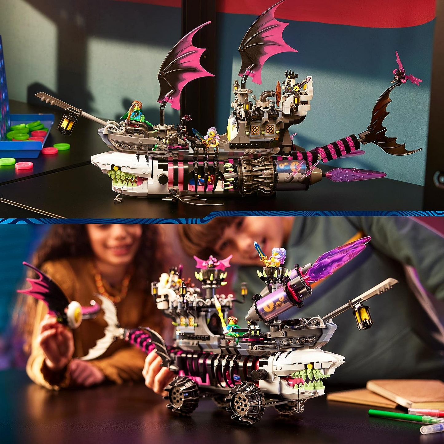 LEGO  71469 DREAMZzz Nightmare Shark Ship Set, Construa um Brinquedo de Navio Pirata de 2 Formas, Kit de Construção de Modelo de Barco dos Sonhos com Minifiguras Mateo, Izzie, Nova e Nightmare King, Brinquedos para Crianças, Meninas, Meninos