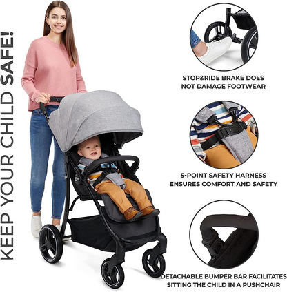 Kinderkraft Carrinho de passeio leve TRIG 2 desde o nascimento até 24 kg, carrinho de bebê, fácil de dobrar com uma mão, suspensão em todas as rodas, capô ajustável, posição horizontal, cinza