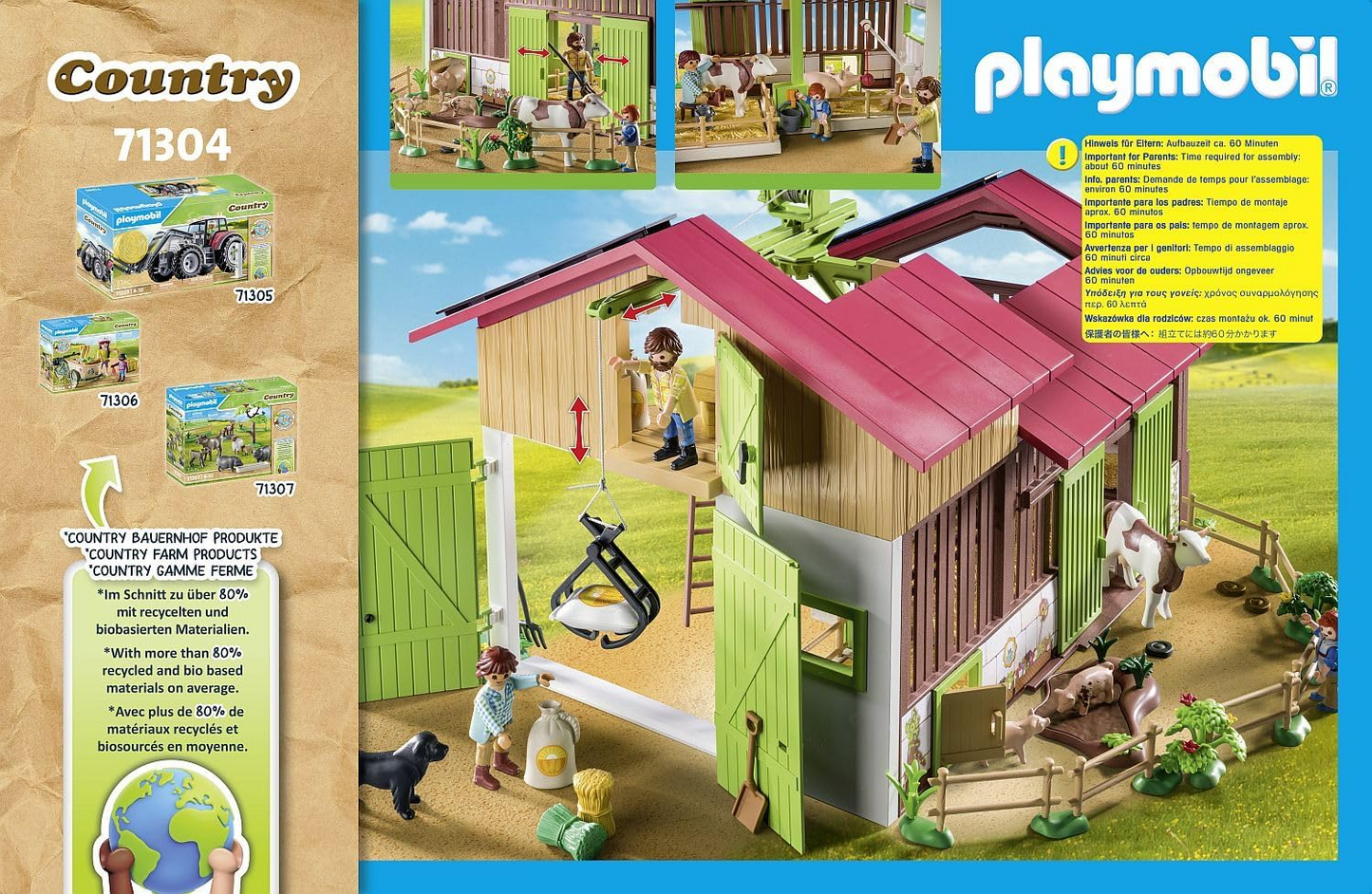 Playmobil 71304 Country Fazenda grande, feita de material sustentável com muitas funções e acessórios, dramatização divertida e imaginativa, conjuntos de jogos adequados para crianças a partir de 4 anos