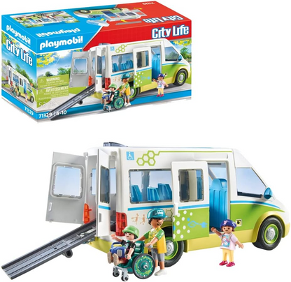 Playmobil 71329 Ônibus escolar City Life, ônibus escolar grande com porta deslizante e rampa dobrável para cadeira de rodas, brinquedo educativo, dramatização divertida e imaginativa, conjuntos de jogos adequados para crianças de 4 anos ou mais