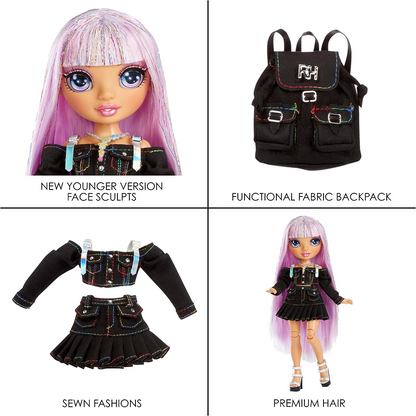 Rainbow Junior High  Edição especial - AVERY STYLES - Boneca fashion ajustável de cabelo arco-íris brilhante de 9"/22,86 cm com acessórios e mochila macia aberta/fechada - Ótimo presente de brinquedo para crianças de 4 a 12 anos