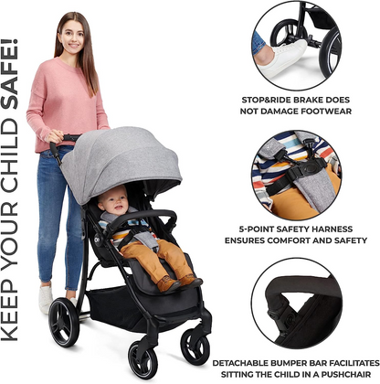 Kinderkraft Carrinho de passeio leve TRIG 2 desde o nascimento até 24 kg, carrinho de bebê, fácil de dobrar com uma mão, suspensão em todas as rodas, capô ajustável, posição horizontal, cinza