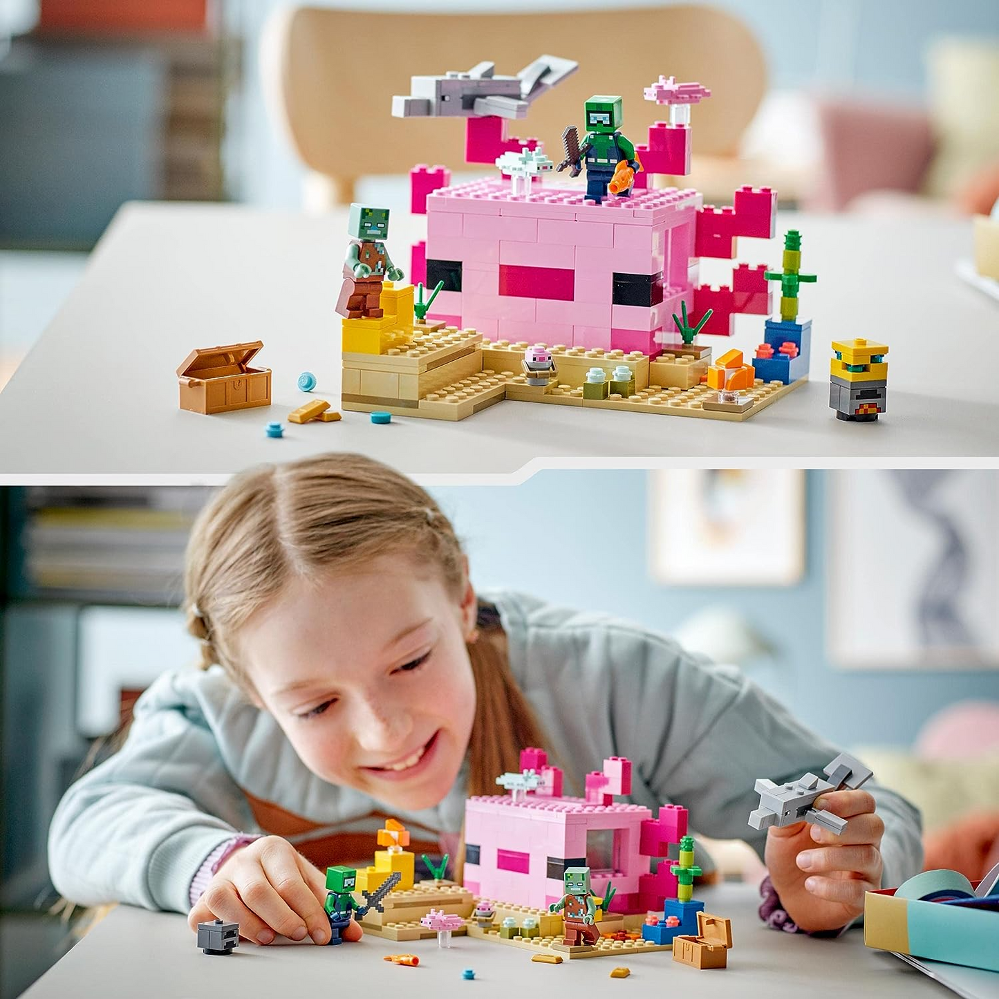 LEGO 21247 Minecraft The Axolotl House Set, base subaquática montável com Diver Explorer, figuras de zumbis e golfinhos e baiacu, brinquedos de aventura para crianças, meninas, meninos com mais de 7 anos