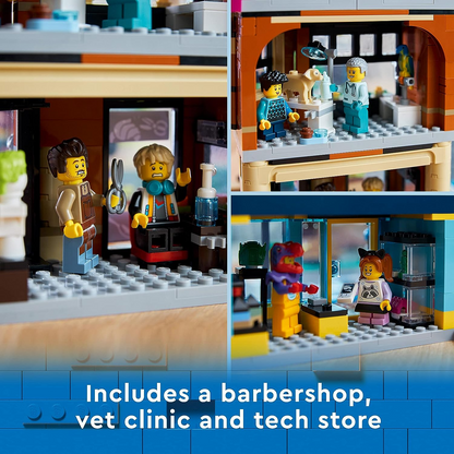 LEGO 60380 Conjunto City Center, kit de construção de modelo com salas modulares reconfiguráveis, incluindo lojas de brinquedos, barbeiro, estúdio Vlogger, hotel e discoteca na cobertura com 14 minifiguras