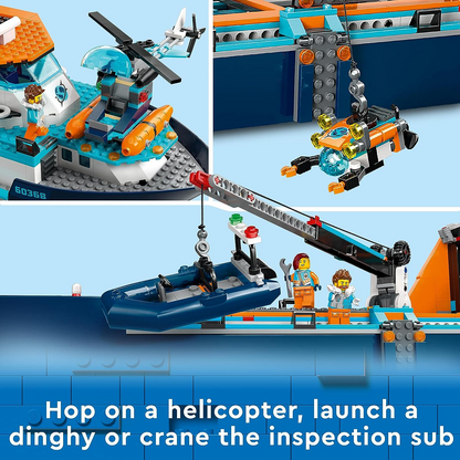 LEGO 60368 City Arctic Explorer Ship, barco de brinquedo grande que flutua com um helicóptero, bote, submarino, naufrágio viking, 7 minifiguras e uma figura de orca, presente para crianças de 7 anos ou mais, meninos, meninas