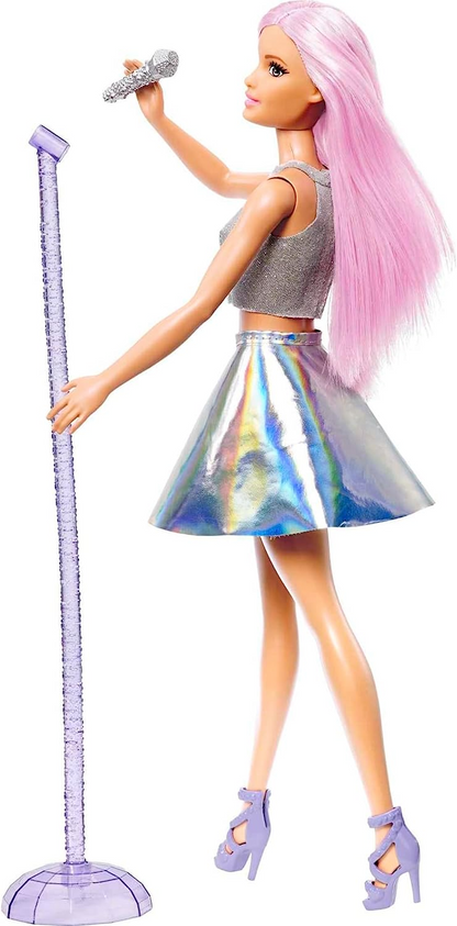 Barbie Boneca pop star vestida com saia iridescente com microfone e cabelo rosa, presente para crianças de 3 a 7 anos, multicor, FXN98