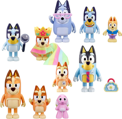 Bluey  Conjunto oficial de personagens colecionáveis do Queens com 2 figuras apresentando Bluey e Bingo com capa Queen Rainbow e acessórios de coroa