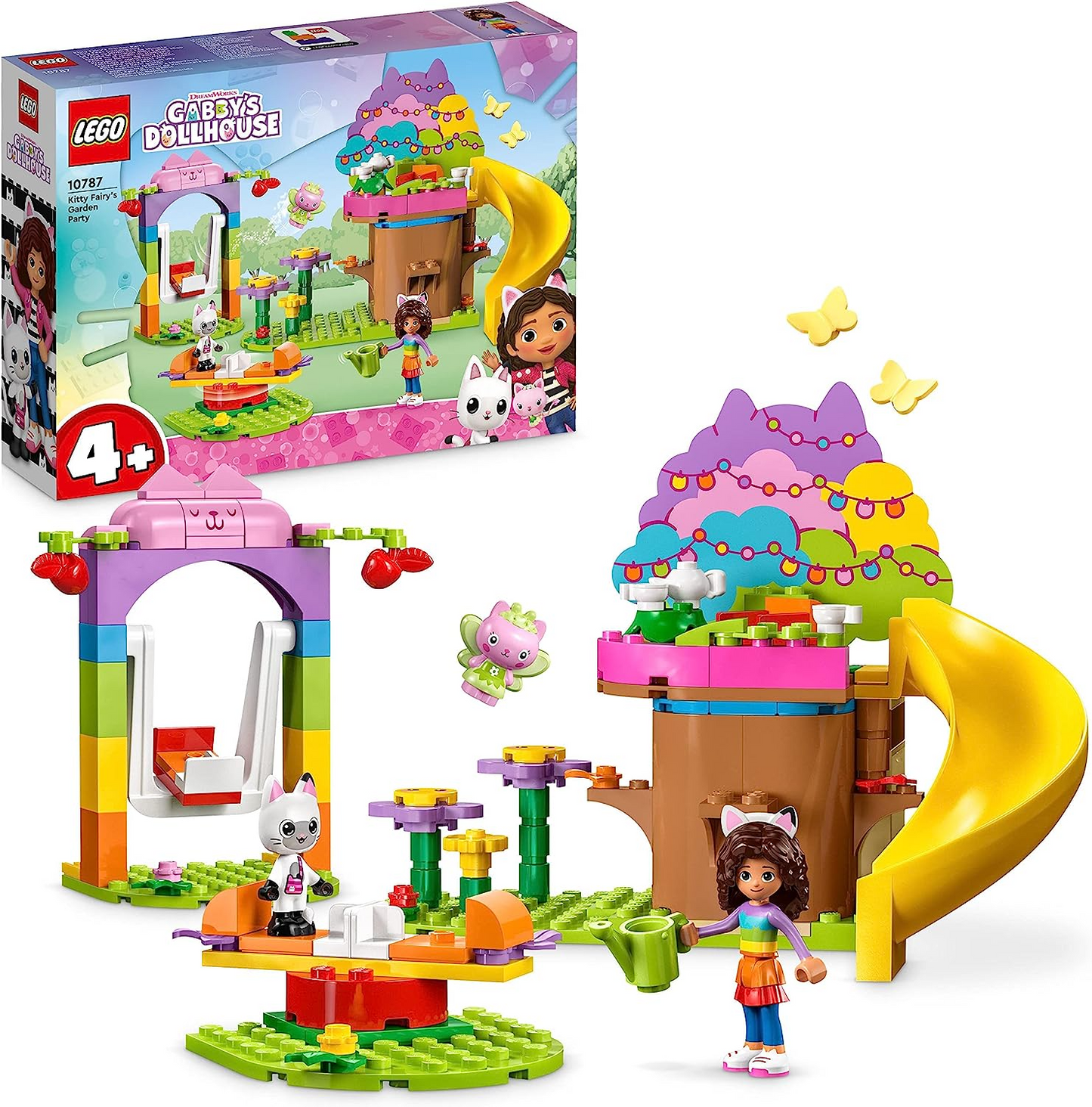 LEGO 10787 Gabby's Dollhouse Kitty Fairy's Garden Party Toy Playset com Gabby & Pandy Paws Figures plus Tree House, Swing, Slide & Roundabout, presente para meninas, meninos, crianças de 4 anos ou mais (pré-encomenda agora)