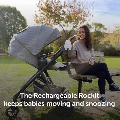 Rockit Versão recarregável Rocker. Balança qualquer carrinho, carrinho de bebê, carrinho ou carrinho. Balança suavemente seu bebê para dormir.