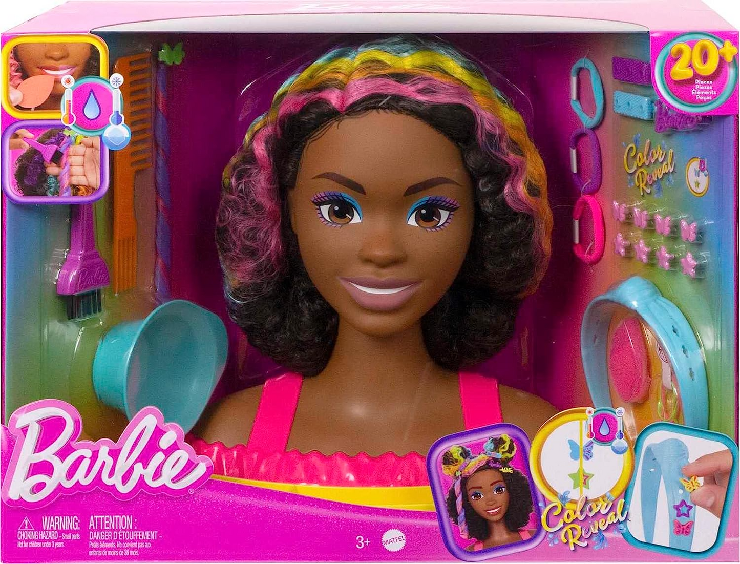 Barbie Deluxe Doll Styling Head, Todo el cabello de Barbie, Cabello recto rubio neón arcoíris, Cabeza de muñeca para peinar el cabello, Accesorios para revelar color, HMD78