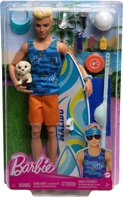 Barbie Boneca Ken com prancha de surfe e cachorrinho de estimação, Barbie loira articulável Ken Boneca de praia com acessórios temáticos como toalha, HPT50