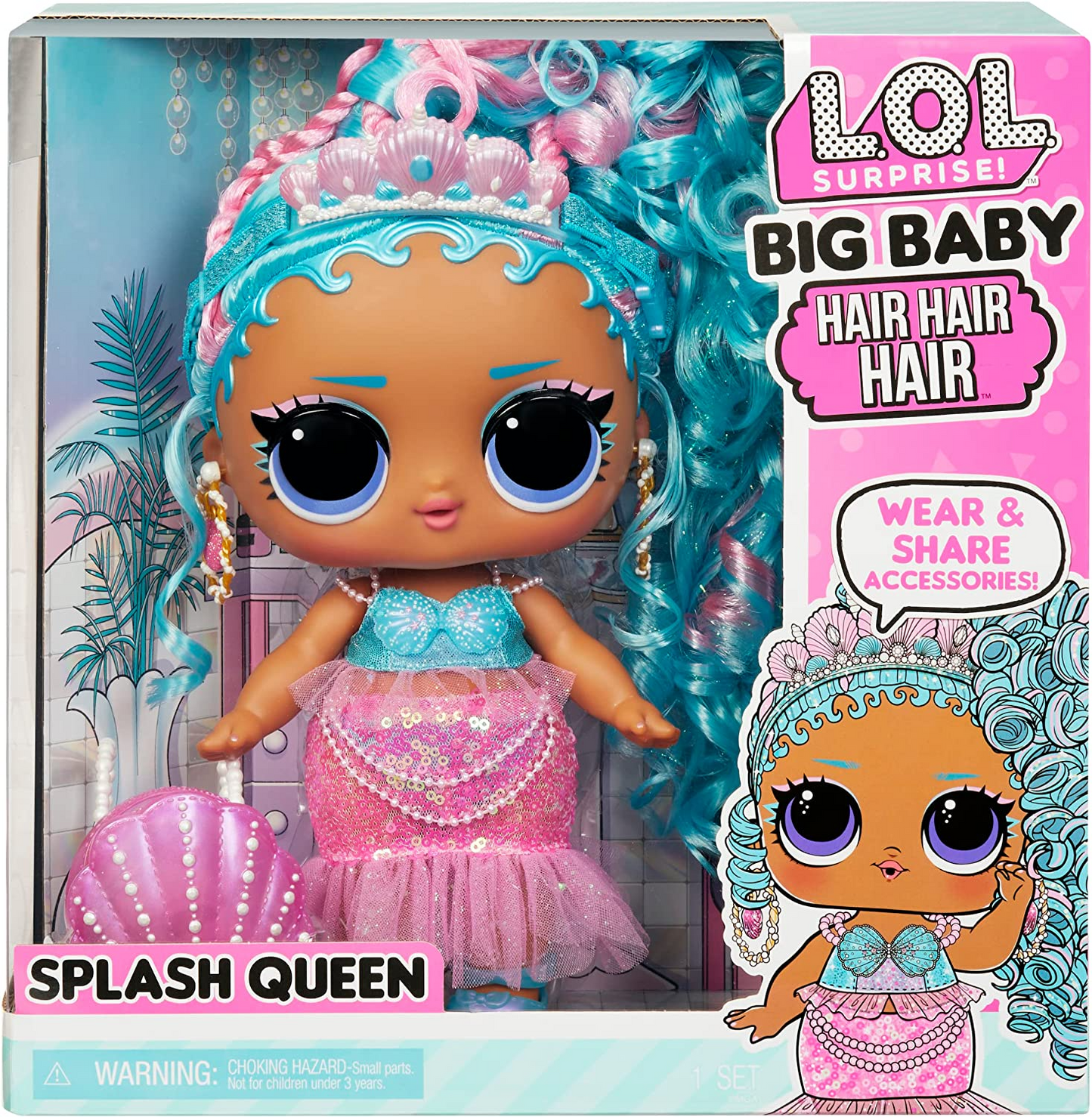 L.O.L. Surprise!   Big Baby Hair Hair Hair Boneca grande - SPLASH QUEEN - Boneca de 11"/27,94 cm com 14 surpresas, incluindo acessórios compartilháveis e cabelo real - Adequado para crianças e colecionadores de 4 anos ou mais