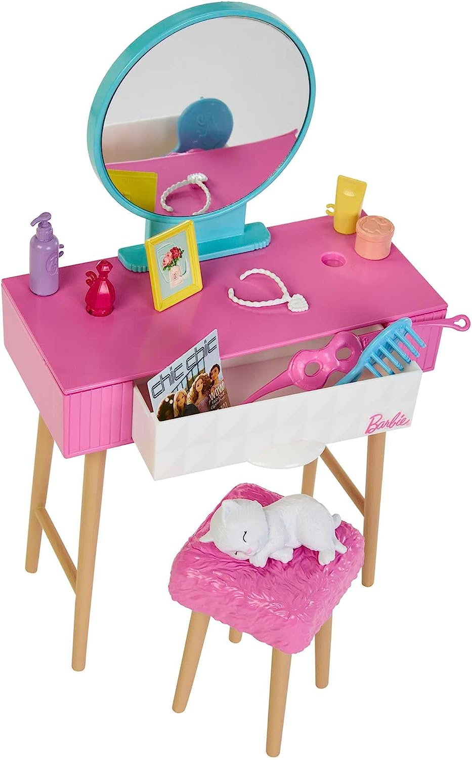 Juego de muñeca y dormitorio Barbie, muebles Barbie y más de 20 accesorios para contar historias, incluidos una bata y un gatito, HPT55