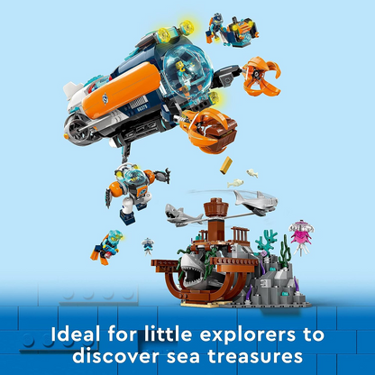 LEGO  60379 Brinquedo Submarino City Deep-Sea Explorer, Conjunto Oceano Subaquático com Drone, Figuras de Tubarão, Naufrágio e Minifiguras de Mergulhador, Presente de Aniversário para Crianças, Meninos e Meninas com mais de 7 anos