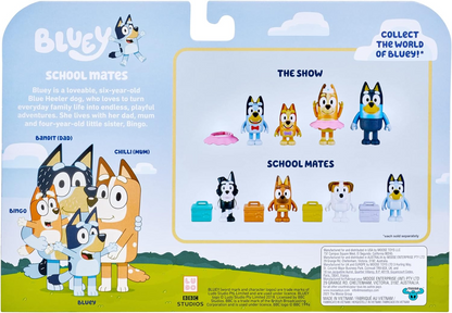 Bluey Pacote de 4 colegas de escola; Figuras de ação colecionáveis oficiais do Bluey de 2,5 a 3 polegadas, incluindo Jack, Pretzel e Mackenzie com seus próprios acessórios para lancheira