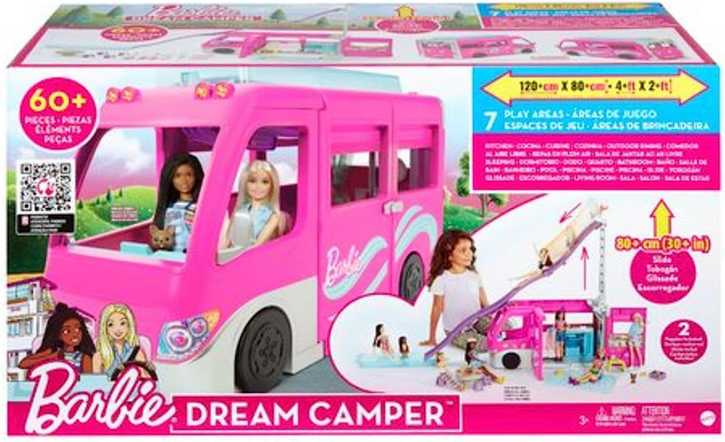 Barbie Camper, juego de muñecas con 60 accesorios, tobogán de 30 pulgadas y 7 áreas de juego, Dream Camper, HCD46