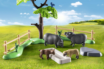 Playmobil  71307 Conjunto de animais rurais com paddock, com animais de fazenda cuidadosamente projetados, como vacas, cabras, ovelhas e porcos barrigudos, dramatizações divertidas e imaginativas, conjuntos de jogos adequados para crianças de 4 anos ou