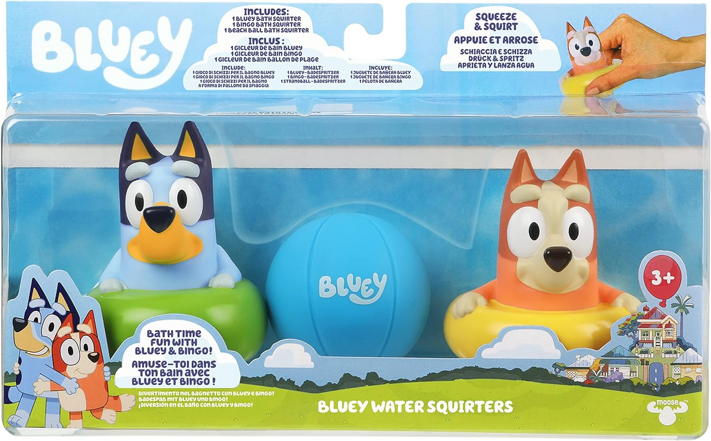 Bluey Brinquedo oficial para esguichos de banho com 3 pacotes com Bluey, Bingo e bola