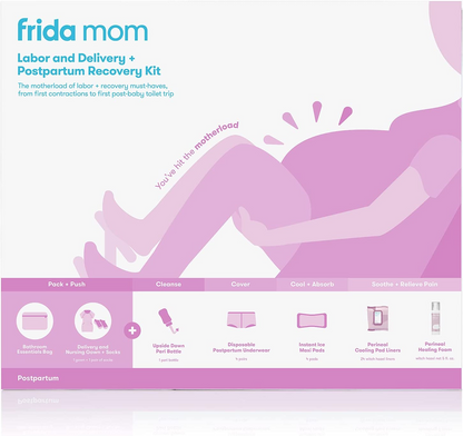 Frida Mom Kit de embalagem hospitalar para trabalho de parto, parto e pós-parto | Bata de amamentação, meias, mamadeira, roupa íntima descartável (conjunto de presente de 15 peças)