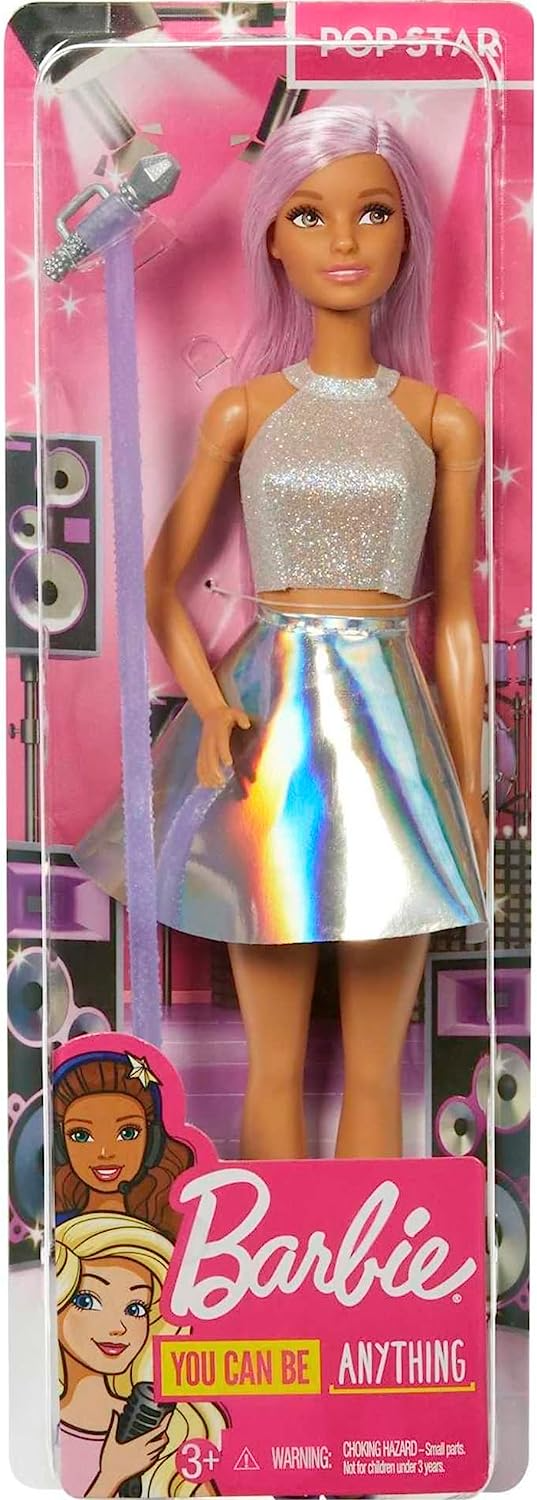 Barbie Boneca pop star vestida com saia iridescente com microfone e cabelo rosa, presente para crianças de 3 a 7 anos, multicor, FXN98