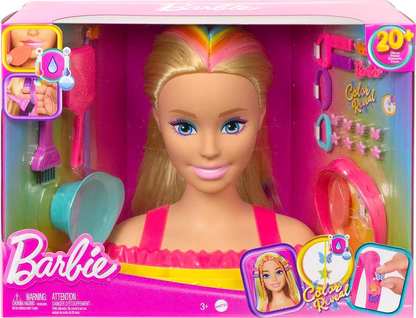 Barbie Deluxe Doll Styling Head, Todo el cabello de Barbie, Cabello recto rubio neón arcoíris, Cabeza de muñeca para peinar el cabello, Accesorios para revelar color, HMD78