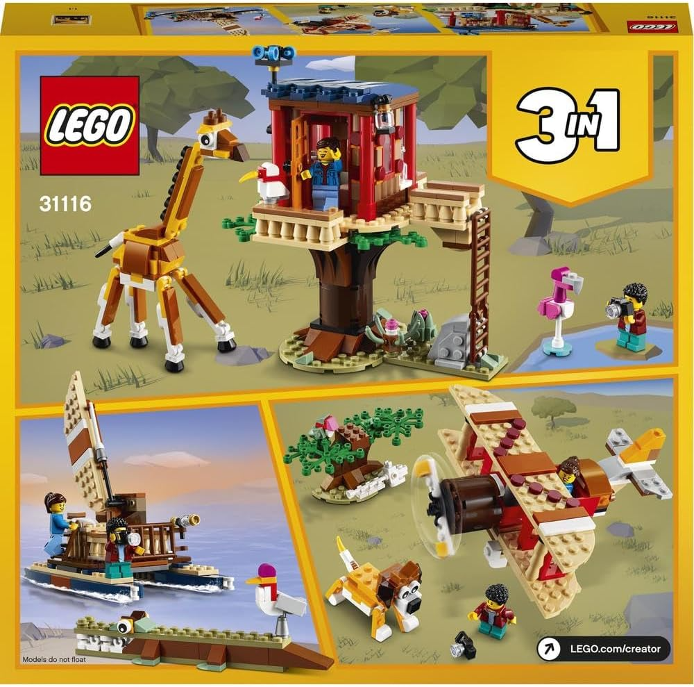 LEGO 31116 - Criador 3 em 1 Safari Wildlife Tree House, catamarã, brinquedo biplano, conjunto de construção com barco, avião e leão de brinquedo para meninas e meninos