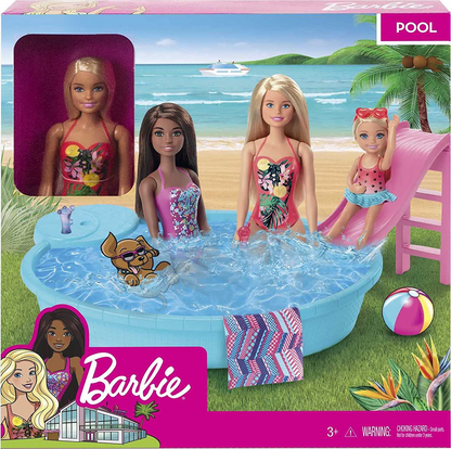 Barbie Boneca, loira de 11,5 polegadas, jogo de piscina com escorregador e acessórios, presente para crianças de 3 a 7 anos, GHL91