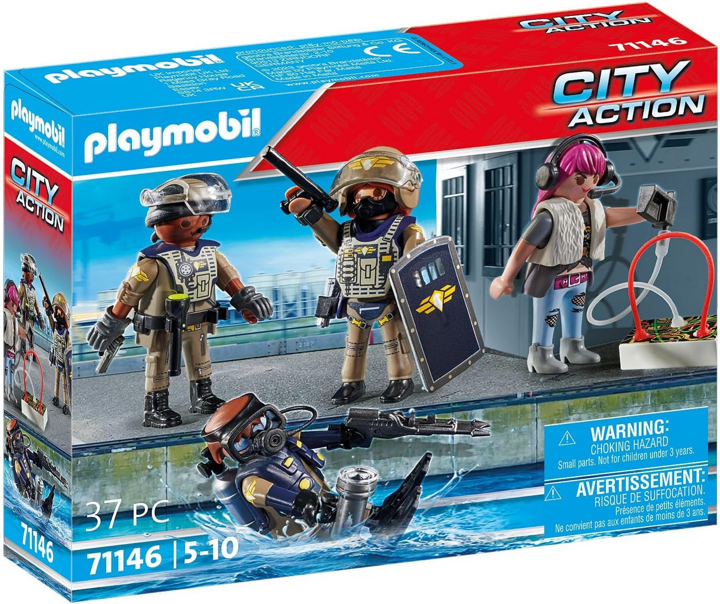 Playmobil  71146 Equipe de Polícia Tática de Ação da Cidade, incluindo mergulhadores da SWAT, uma força-tarefa e um vilão, encenação divertida e imaginativa, conjunto de brinquedos adequado para crianças de 5 anos ou mais