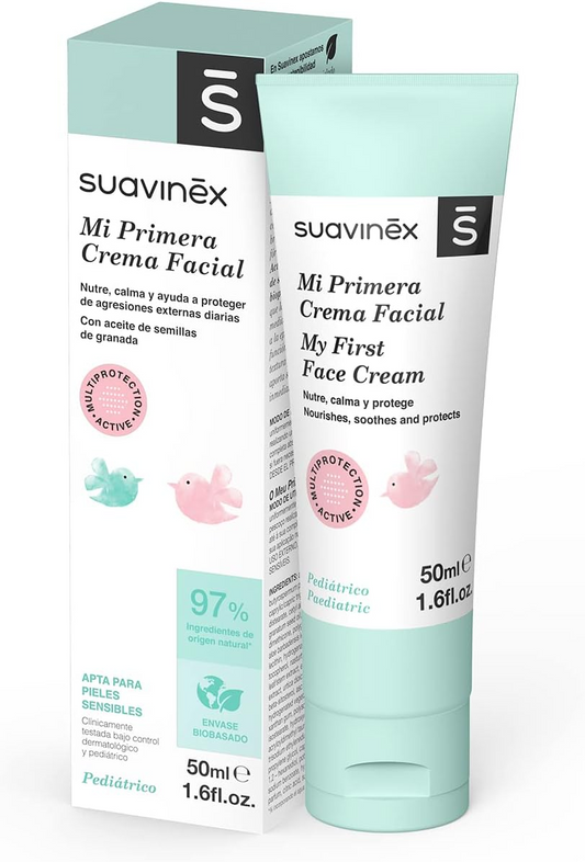 Suavinex Crema facial infantil, apta para recién nacidos. Crema Facial Hidratante Diaria. La fórmula activa MultiProtection nutre, calma y protege. 97% ingredientes de origen natural, 50 ml