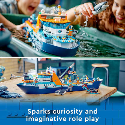 LEGO 60368 City Arctic Explorer Ship, barco de brinquedo grande que flutua com um helicóptero, bote, submarino, naufrágio viking, 7 minifiguras e uma figura de orca, presente para crianças de 7 anos ou mais, meninos, meninas