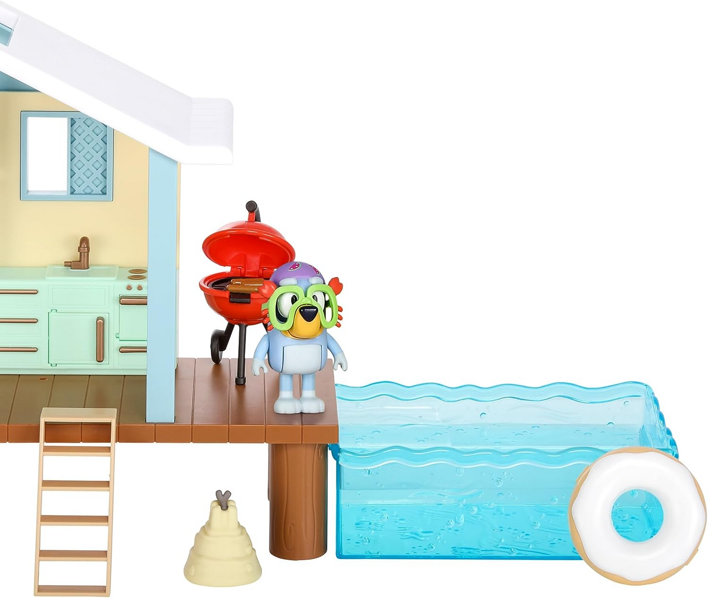 Bluey Playset de cabana de praia, com figura exclusiva de Bluey com óculos de proteção. Inclui 10 peças de jogo e folha de adesivos