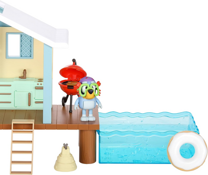 Bluey Playset de cabana de praia, com figura exclusiva de Bluey com óculos de proteção. Inclui 10 peças de jogo e folha de adesivos