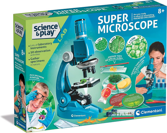 Clementoni 61365 Science & Play Lab-Super brinquedos educativos e científicos, microscópio para crianças de 8 a 12 anos, 1200X, kit de experimentos, versão em inglês fabricado na Itália, multicolorido