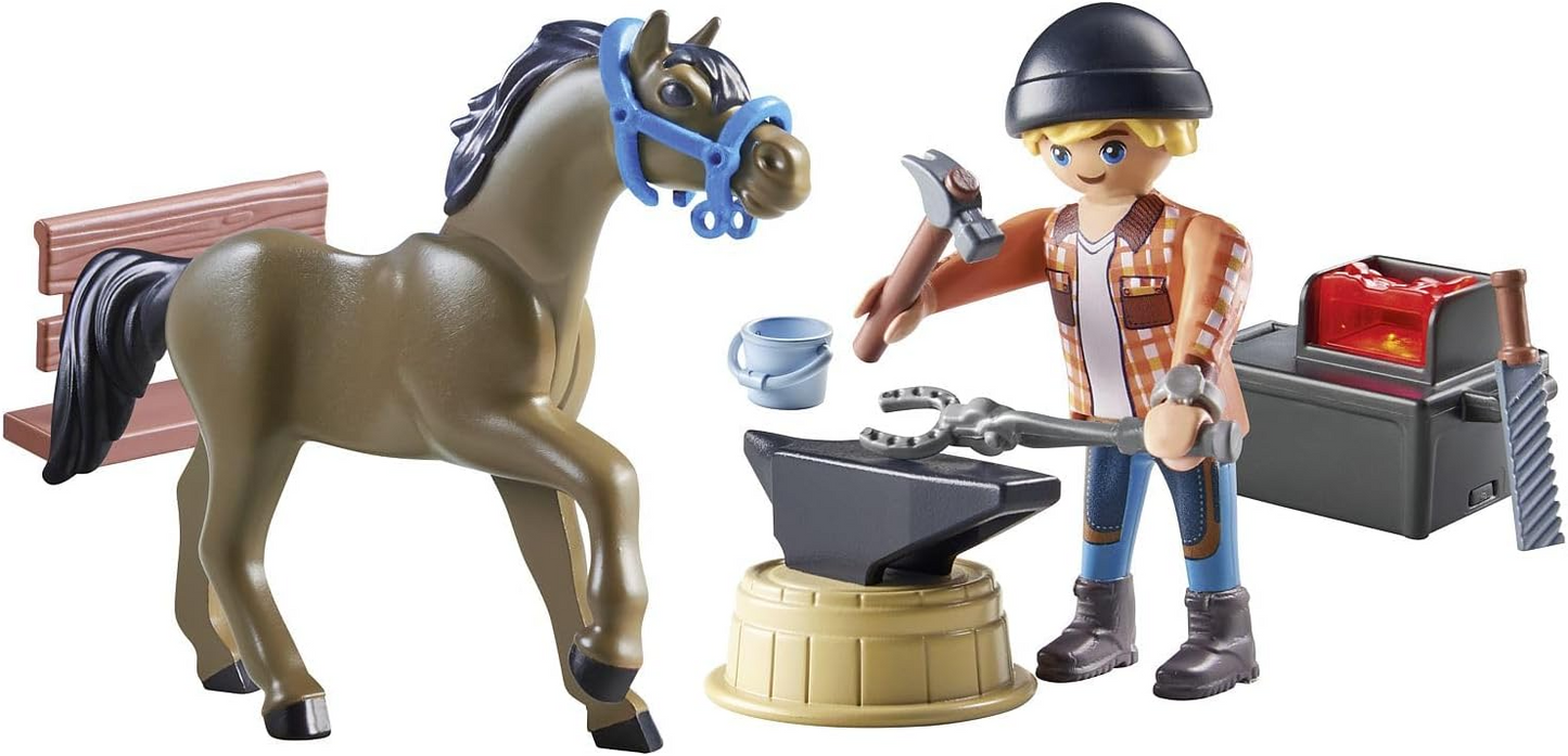 Playmobil  71357 Cavalos da Cachoeira - Farrier Ben e Aquiles, cuidados interativos com cavalos no Waterfall Ranch, encenação divertida e imaginativa, conjuntos de jogos sustentáveis adequados para crianças a partir de 5 anos