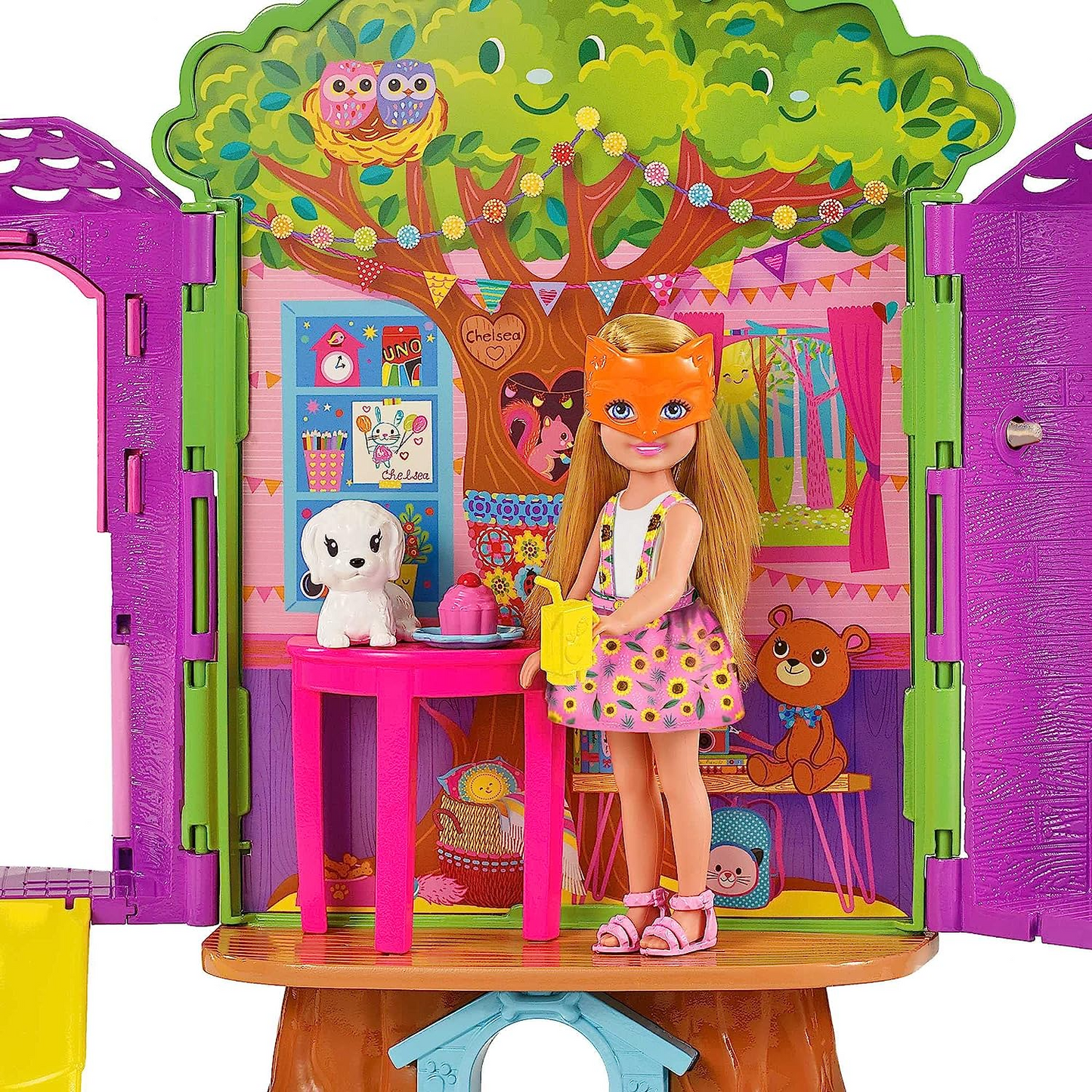 Barbie Chelsea Barbie Doll and Treehouse Playset com Pet Puppy, Dollhouse Inclui Mobília e Slide da Barbie o Filme, 10 e mais Acessórios, HPL70