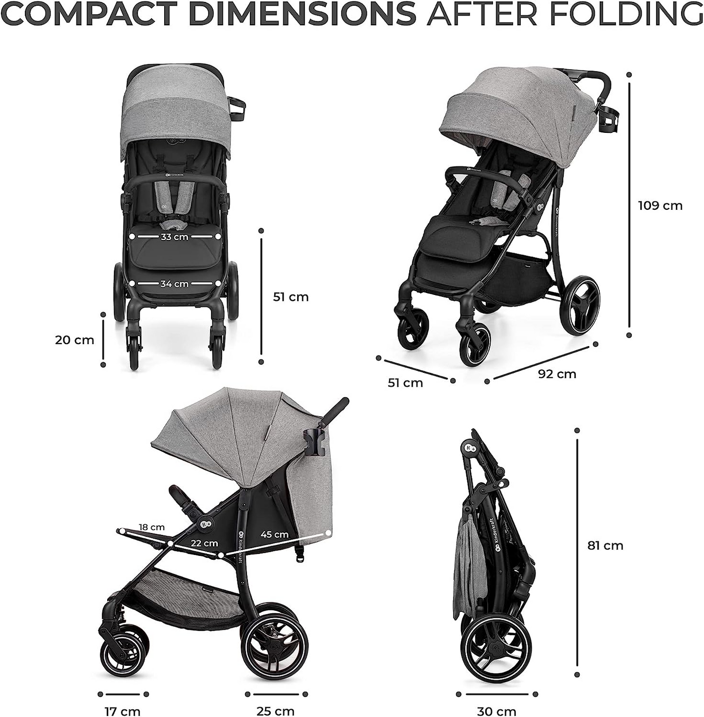 Kinderkraft Carrinho de passeio leve TRIG 2 desde o nascimento até 24 kg, carrinho de bebê, fácil de dobrar com uma mão, suspensão em todas as rodas, capô ajustável, posição horizontal, cinza