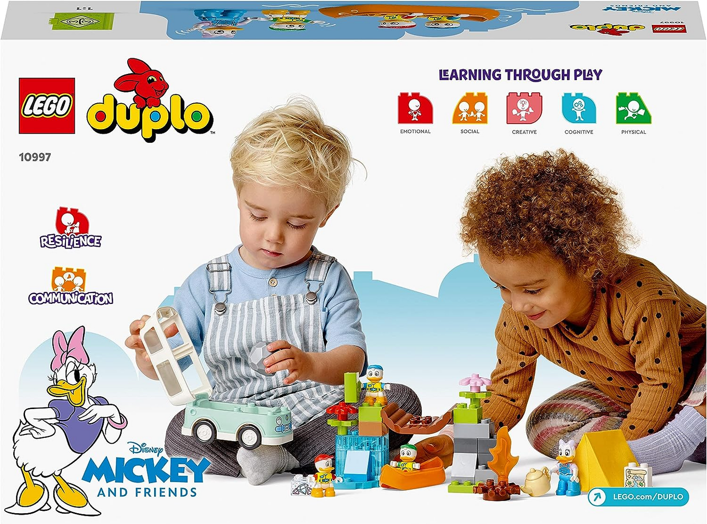 LEGO 10997 DUPLO Disney Mickey e amigos conjunto de aventura de acampamento com brinquedo de carro campervan, canoa e figura de margarida, presente para crianças de 2 anos ou mais, meninas, meninos