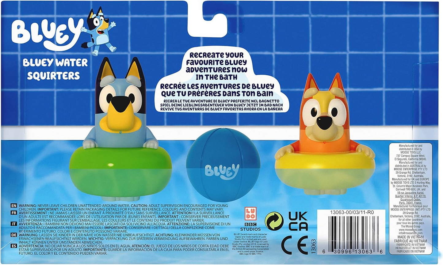 Bluey Brinquedo oficial para esguichos de banho com 3 pacotes com Bluey, Bingo e bola