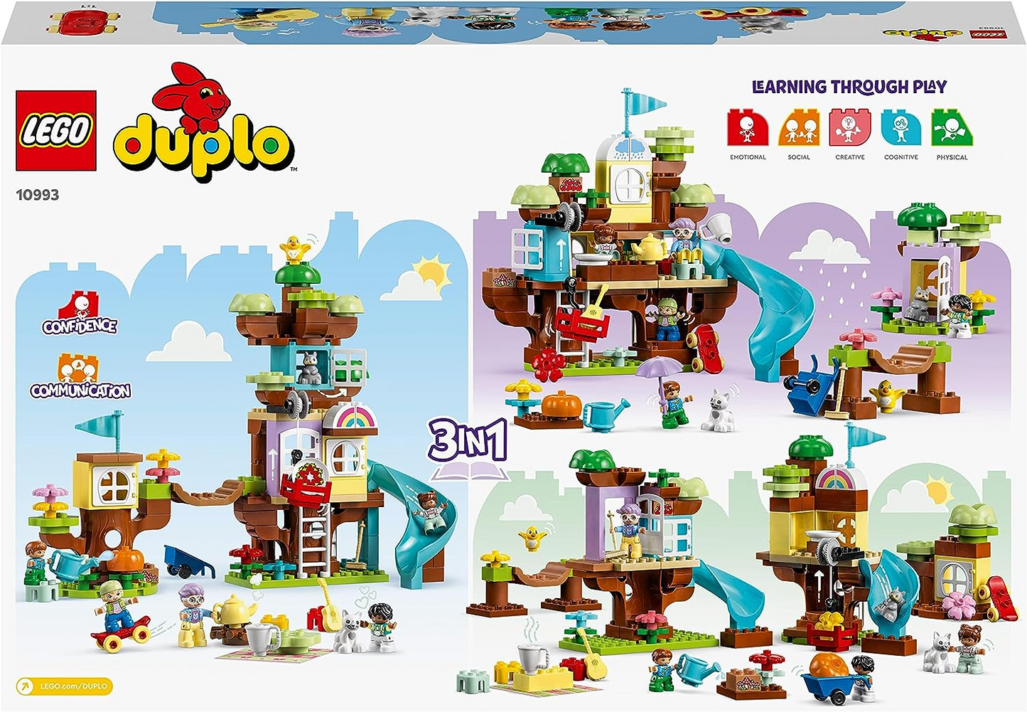 LEGO  10993 DUPLO Casa na árvore 3 em 1, brinquedo de construção para crianças a partir de 3 anos, meninas e meninos com 4 figuras de família, animais, tijolos e um escorregador, atividades de aprendizagem