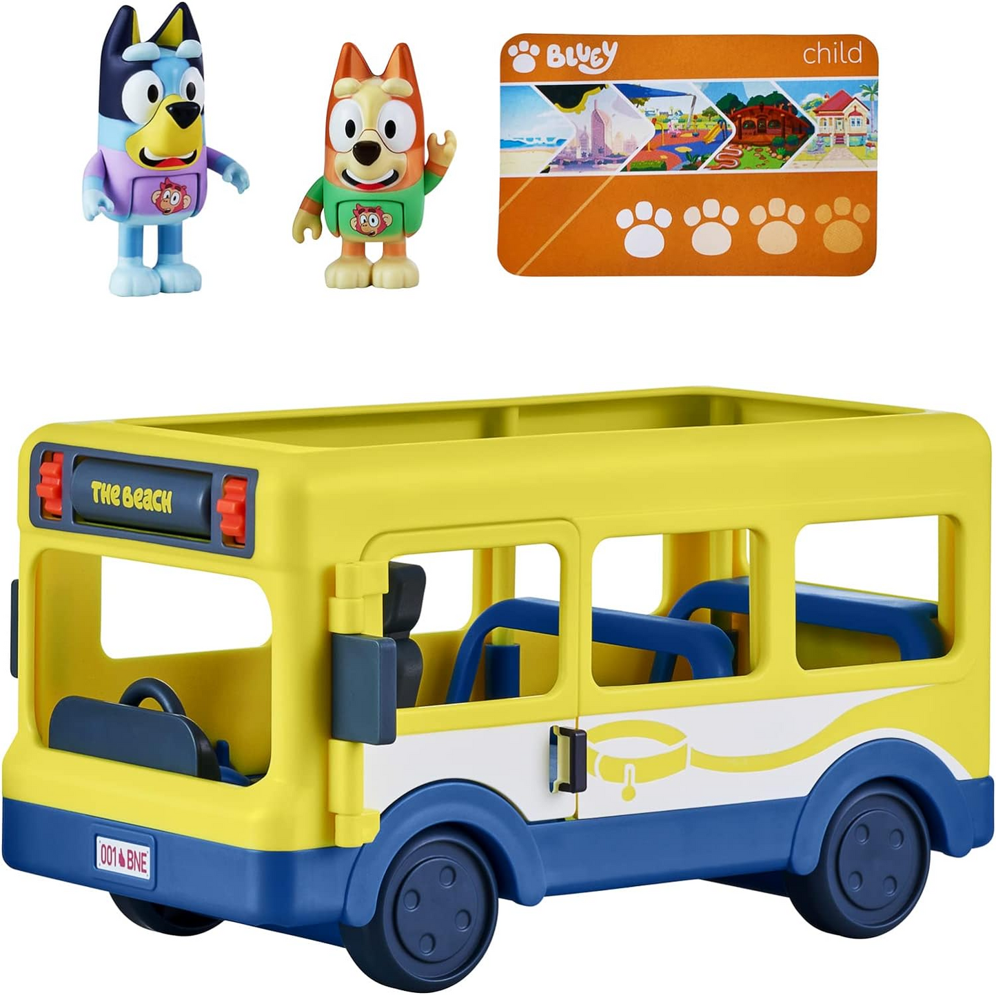 Bluey Conjunto de brinquedos para veículos Town Bus e pacote de figuras oficiais, com duas figuras de ação colecionáveis Bluey e Bingo de 2,5-3" e passe de ônibus