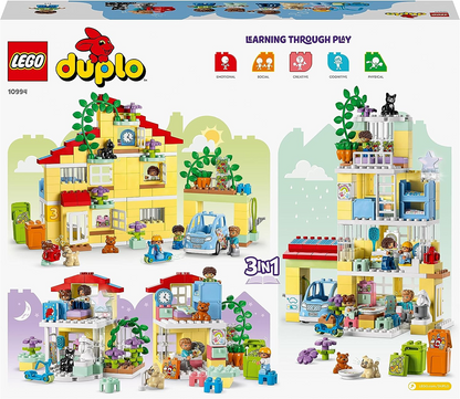 LEGO  10994 DUPLO Town Casa de família 3 em 1, casa de bonecas construída em tijolos com carro Push & Go, 5 figuras, 2 animais e lâmpada de brinquedo iluminada, brinquedos de casinha para crianças, meninas e meninos com mais de 3 anos