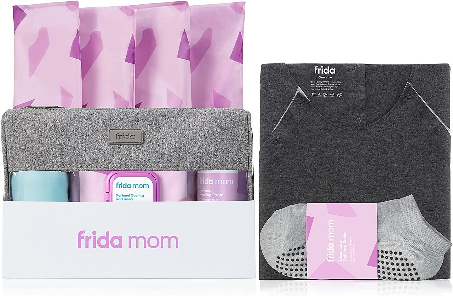 Frida Mom Kit de embalagem hospitalar para trabalho de parto, parto e pós-parto | Bata de amamentação, meias, mamadeira, roupa íntima descartável (conjunto de presente de 15 peças)