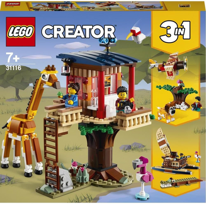 LEGO 31116 - Criador 3 em 1 Safari Wildlife Tree House, catamarã, brinquedo biplano, conjunto de construção com barco, avião e leão de brinquedo para meninas e meninos