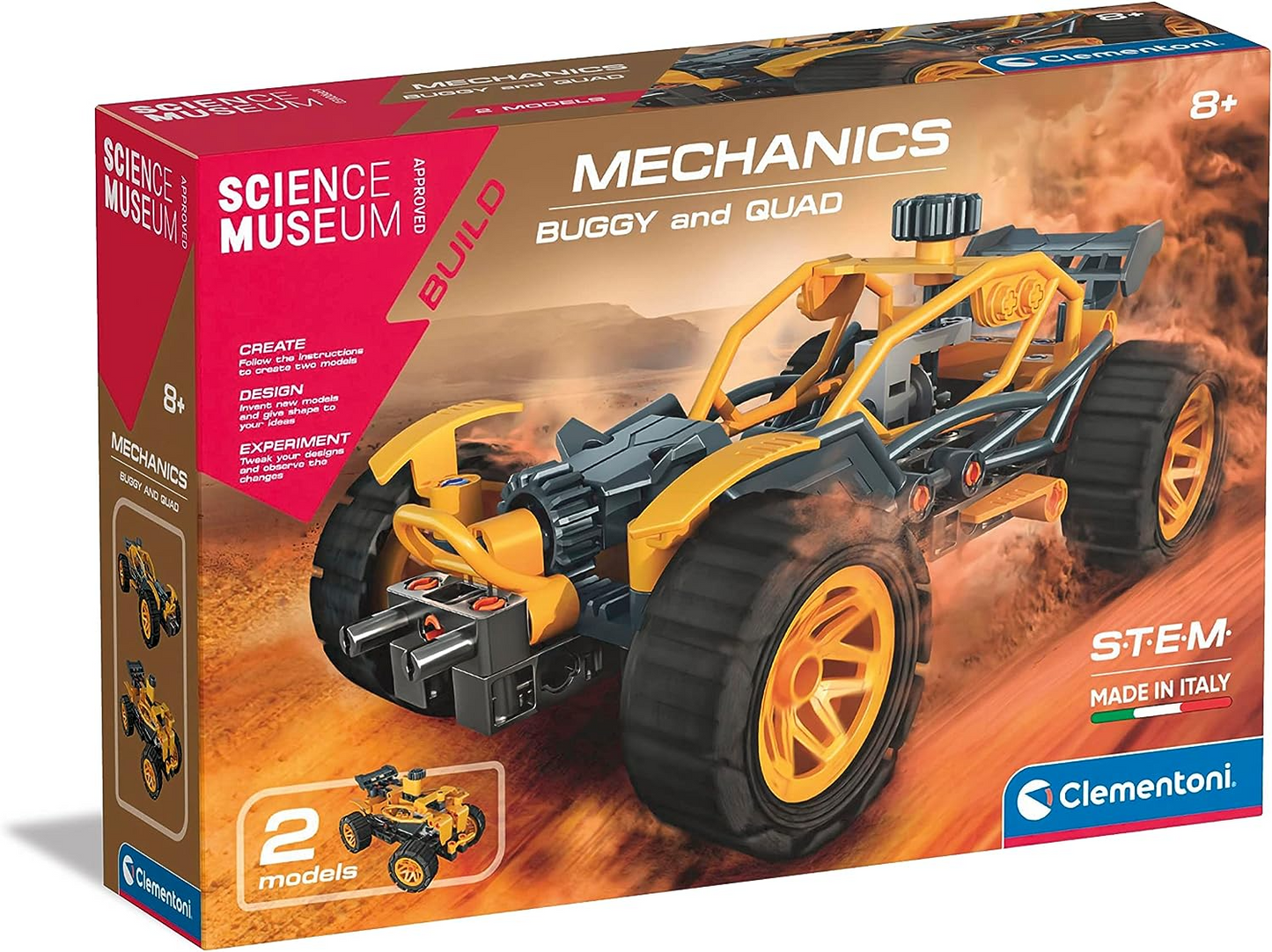 Clementoni 61382 Science Museum Mechanics-Juego de construcción de buggy y cuádruple, kit de ciencia para niños de 8 años, juguetes STEM, versión en inglés, fabricado en Italia, multicolor